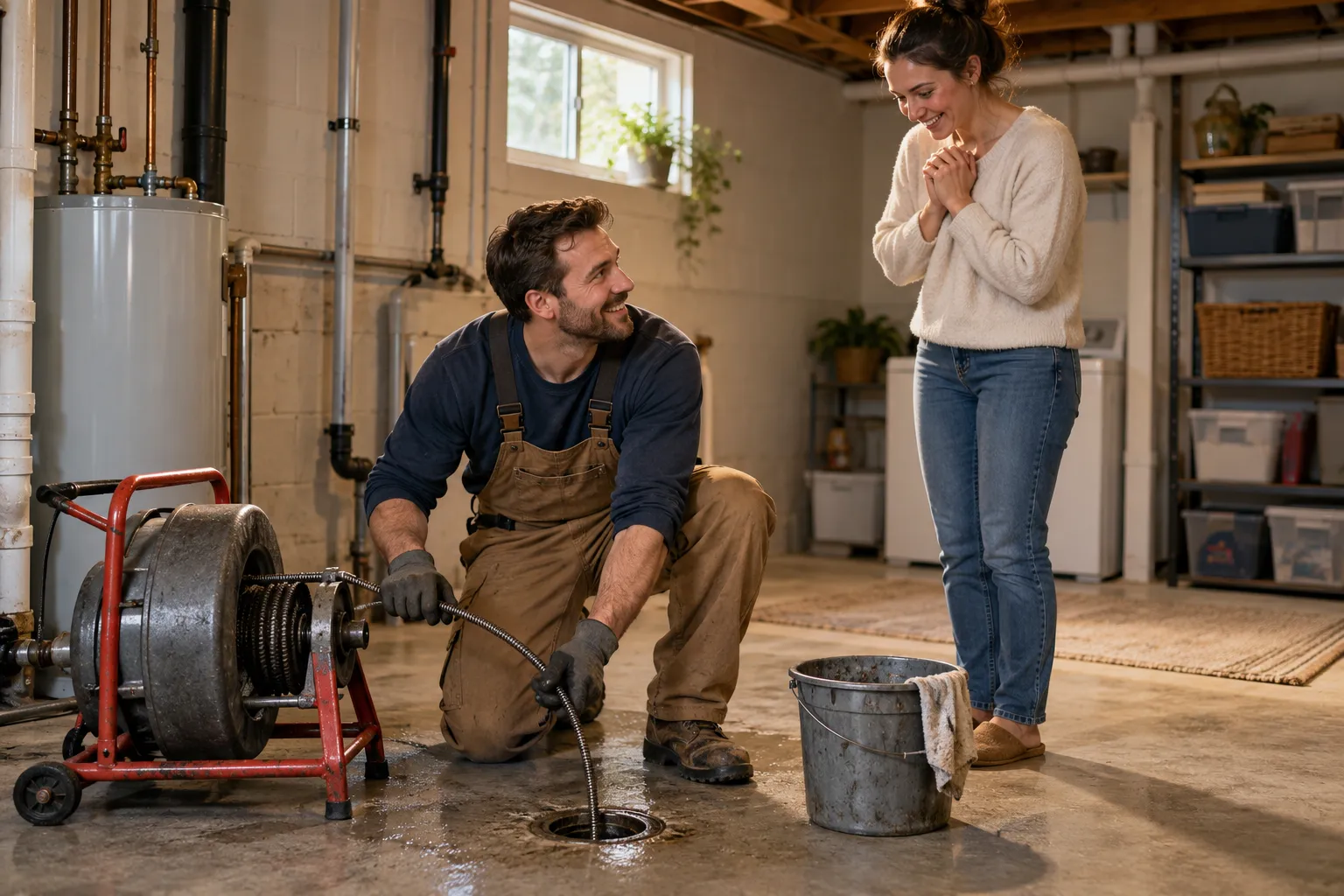 A friendly plumber clearing a blocked basement drain in a home in Columbus