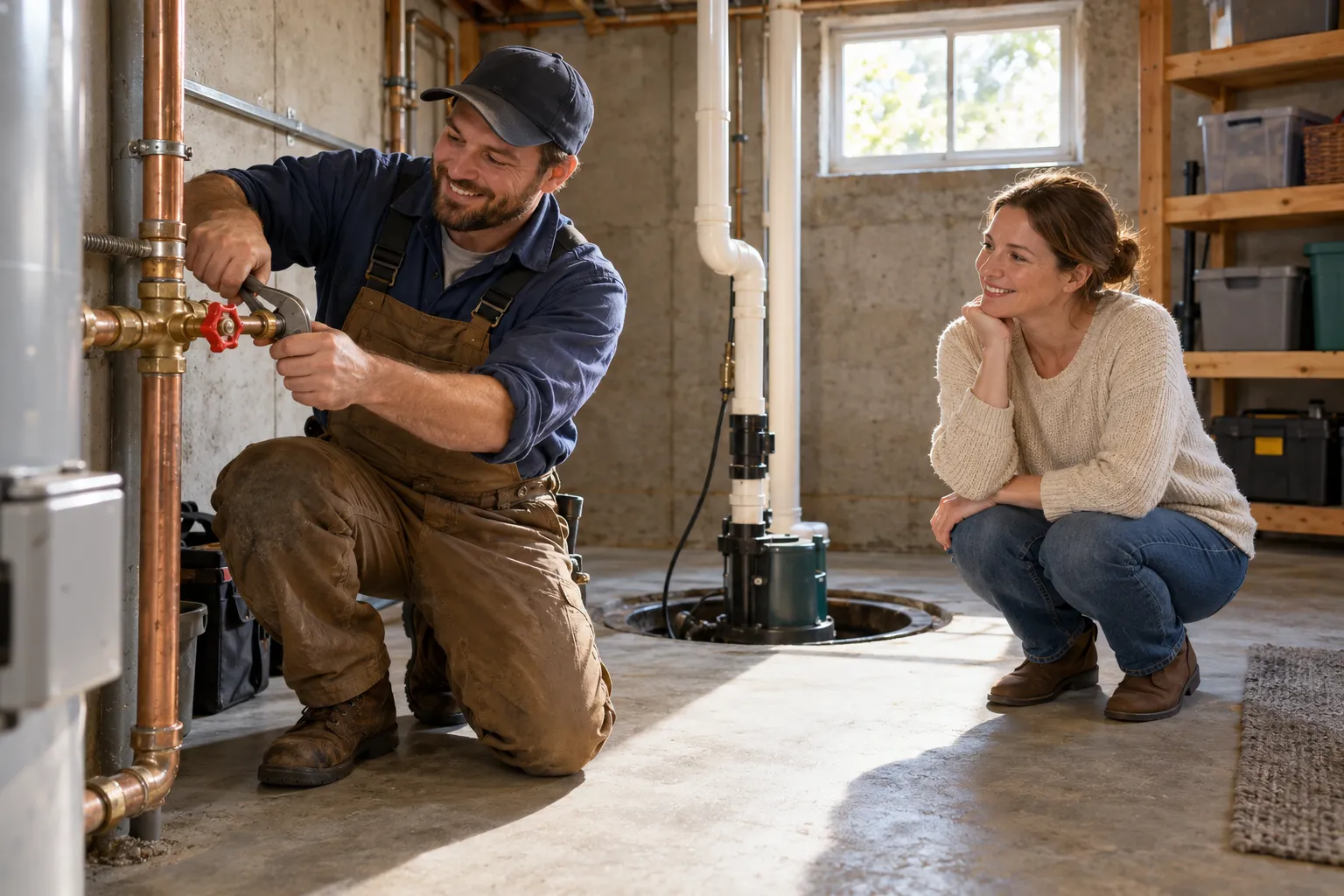 Friendly local plumber checking a copper pipe under a basement ceiling in a Columbus home